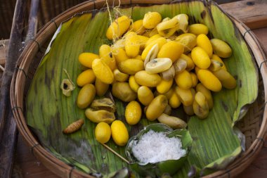 Tayland 'ın Pathum Thani kentindeki Wisdomking Çiftlik Festivali' ne seyahat eden gezginlerin filature sürecine katılan Tai tarımcı haşlama ipeği için Bombyx mori kozası veya koza ipeği.