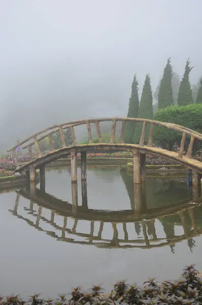 View landscape gardening land garden and wooden bridge pond of Doi Inthanon national park on mountain with mist in morning time for thai people traveler travel visit rest relax in Chiang Mai, Thailand