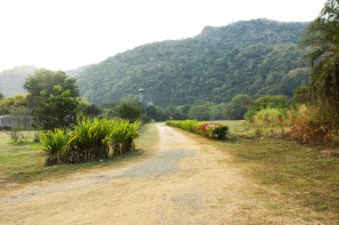 Dış modern klasik tasarım ve bahçe parkındaki iç dekorasyon mobilyaları Tayland 'ın Uthai Thani kentindeki Ban Rai şehrindeki lüks tatil beldesinde misafir ziyaretçiler için.