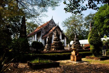 Tayland 'da, Tayland' da, Ayutthaya 'daki Wat Nang Kui Manastırı' nda kutsal ibadetin kutsanması için dua eden Buda 'ya ziyaret edin.
