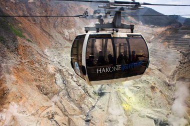 Manzarayı, Hakone Ropeway ve Tozan Kablo arabalarını Japonlar için seyahet yolculukları Hakone Dağı 'nın Owakudani dağ patlaması ve sülfür buharlarını 6 Temmuz 2024' te Kanagawa, Japonya 'da ziyaret edin.