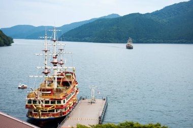 Classic boat tour of Hakone Sightseeing Cruise Pirate Ship sailing in Lake Ashi in Hakoneyama for japanese people traveler travel visit Mount Fuji san at Hakone city on July 6, 2024 in Kanagawa, Japan clipart