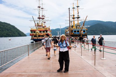 Classic boat tour of Hakone Sightseeing Cruise Pirate Ship sailing in Lake Ashi in Hakoneyama for japanese people traveler travel visit Mount Fuji san at Hakone city on July 6, 2024 in Kanagawa, Japan clipart