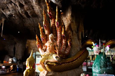 Tayland, Nonthaburi 'de 29 Temmuz 2024' te antik bir tapınak olan Wat BuaKhwan 'da kutsal melek tapınağı olan Buda ve Naga' ya dua edin.