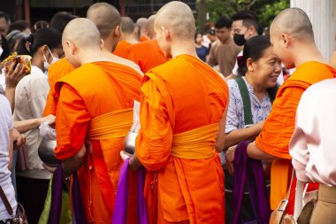 Thai people join rite ritual Tak Bat Devo Buddhism festival and give food offerings to monk in Kathin ceremony celebrate Buddhist Lent at Wat Prasat temple on October 18, 2023 in Nonthaburi Thailand clipart