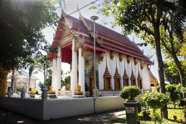 Antik Budist binaları ibadet salonu veya Tayland 'da seyahat eden insanlar için antik ubosot. Wat Robot tapınağındaki kutsal Buda heykellerine saygılarını sunmak için ziyaret edin.