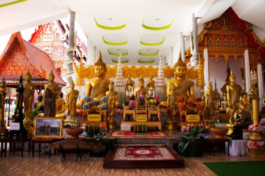 Ancient buddha statues in antique old ubosot for thai people travelers travel visit respect praying blessing holy in Wat Rat Prakhong Tham Temple at Bang Yai on January 3, 2025 in Nonthaburi, Thailand clipart