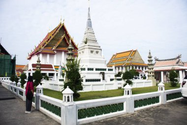 Tayland 'da, Bangkok, Tayland' daki Wat Kalayanamit Tapınağı 'nda kutsal Buda efsanesi heykeli için antik ibadet salonu ubosot ve antik çedi stupa pagoda' yı ziyaret edin.