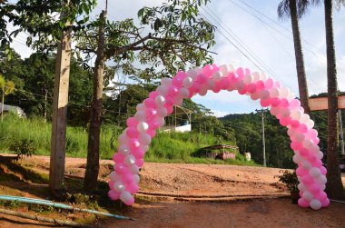 Tayland 'ın Phetchabun kentindeki Phu Tub Berk dağ köyünde geleneksel Thai düğününe katılan yerel halk ve misafirler için pembe balon kemer kapısının önünden geçildi.