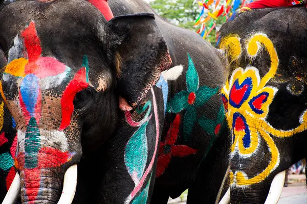 Filler, Songkran Festivali 'ne katılan canlı boyanmış vücut filleri ve Tayland mahout bakıcıları, gezginlere su püskürtmek için hortumlar kullanıyor. Ayutthaya, Tayland' da su sıçratarak veya savaşarak seyahat ediyorlar.