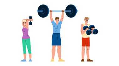 Kıvırcık fitness kol vektörünü çalıştırır. Dip kalas, barfiks çene, uzatma kıvrım fitness egzersizleri kol karakteri. İnsanlar düz çizgi film çizimi