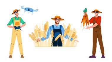 tarım erkek çiftçi vektörü. Çiftlik hayvanları, çiftçilik hasadı, traktör ahırı tarım erkek çiftçi karakteri. İnsanlar düz çizgi film çizimi