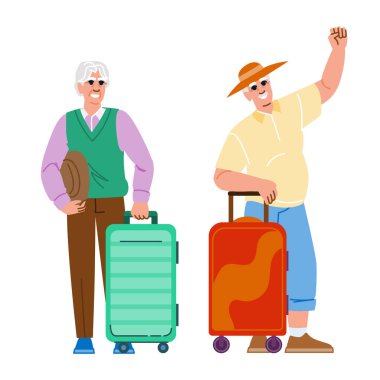 Nostaljik yaşlı adam valiz taşıyıcısı. Eskimiş, yolculuk anıları, eskimiş nostalji, yaşlı adam bavul karakteri. İnsanlar düz çizgi film çizimi