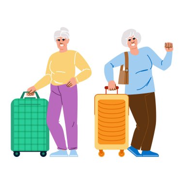 Bagaj yaşlı kadın valiz taşıyıcısı. Eski moda seyahat anıları, nostalji valiz hazırlayan yaşlı kadın bavul karakteri. İnsanlar düz çizgi film çizimi