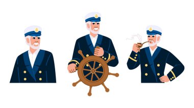 Okyanus gemisi kaptanı vektörü. Mürettebat dümeni, güverte pusulası, çapa haritası, okyanus gemisi kaptanı. İnsanlar düz çizgi film çizimi