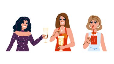 Margarita kadın kokteyl vektörü. Cosmopolitan mojito, daiquiri spritz, gimlet sangria margarita kadın kokteyl karakteri. İnsanlar düz çizgi film çizimi
