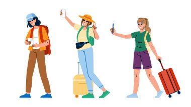 Turist telefon rehberini araştır. Selfie fotoğrafçılığı, gezgin şehvet tatili, gezi kültürü kadın turist telefonu karakteri. İnsanlar düz çizgi film çizimi