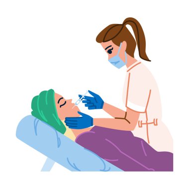 Xeomin kozmetik enjeksiyon vektörü. Heykel Kybella, dudak yanağı, çene alnı xeomin kozmetik enjeksiyon karakteri. İnsanlar düz çizgi film çizimi