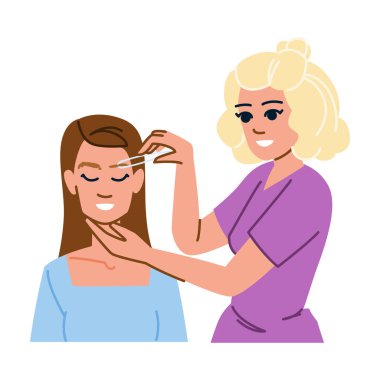 Kaş şekillendirme vektörü. Ağda ipliği, cımbız boyası, şablon kalem şeklinde kaş şekillendirme karakteri. İnsanlar düz çizgi film çizimi