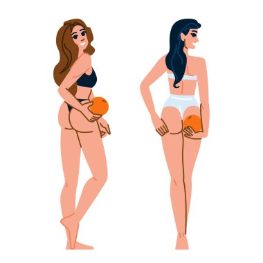 Vitamin turuncu deri tedavi vektörü. Antioksidan serumu, maske temizleyicisi, tonik fırçası portakal rengi cilt bakımı karakteri. İnsanlar düz çizgi film çizimi