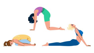 Pranayama yogası vektör egzersizi yapar. Meditasyon dengesi, güç akışı, farkındalık rahatlama pranayama yoga karakteri. İnsanlar düz çizgi film çizimi