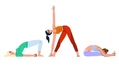 Asya yogası vektör egzersizi yapar. Vinyasa hatha, pranayama meditasyonu, denge gücü asana yoga karakteri. İnsanlar düz çizgi film çizimi