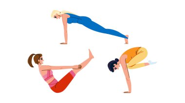 Vinyasa yoga vektörünü çalıştırır. Hatha Pranayama, meditasyon dengesi, güç akışı vinyasa yoga karakteri. İnsanlar düz çizgi film çizimi