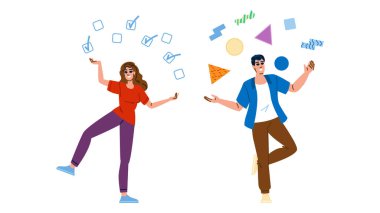 çoklu görev vektörü ile jonglörlük. Denge organizasyonu, zaman yönetimi, stres iş akışı birden fazla görev karakteriyle hokkabazlık. İnsanlar düz çizgi film çizimi