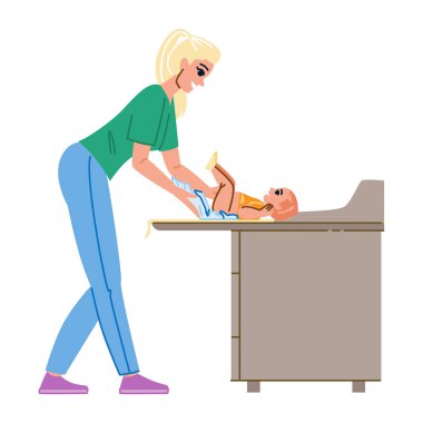 Bebek bezi değiştirme vektörü. Kızarıklık kremi, yeni doğmuş hijyen, güvenlik rahatlığı bebek bezi değiştiren karakterler. İnsanlar düz çizgi film çizimi