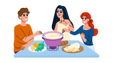 Yemek fondü partisi vektörü. Kış ruleti, yemek tarifi tenceresi, akşam yemeği fondü partisi karakteri. İnsanlar düz çizgi film çizimi