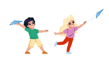 Havacı çocuk kağıt uçak vektörü. Çocuk oyunu, çocuk eğlencesi, hava özgürlüğü çocuk kağıt uçak karakteri. İnsanlar düz çizgi film çizimi