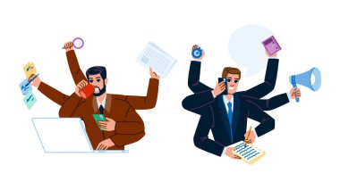 Çoklu görev adam vektörü verimliliği. Odaklanma dengesi, stres süresi, yetenek konsantrasyonu verimliliği birden fazla görev yapan adam karakteri. İnsanlar düz çizgi film çizimi