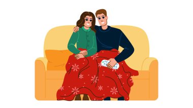 Elfler tatil filmlerini izliyor. Kar şöminesi, aile eğlencesi, kahkaha geleneği elfler bayram filmlerindeki karakteri izliyor. İnsanlar düz çizgi film çizimi