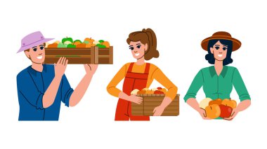 Çiftçi elma toplama vektörü. Bahçe çiftliği, hasat mevsimi, ağaç sepetinde elma toplama karakteri. İnsanlar düz çizgi film çizimi