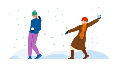 Mutlu kartopu savaşı çiftler vektörü. Genç atmalar, erkek eğlencesi, tatilde mutlu kartopu savaşı karakteri. İnsanlar düz çizgi film çizimi