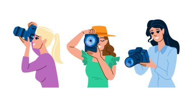 Kamera dış görüntü vektörü. fotoğraf yazları, resim portresi, kadın doğa kamerası açık hava fotoğrafçılığı karakteri. İnsanlar düz çizgi film çizimi
