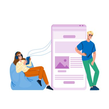 Kullanılabilirlik web sitesi vektörü. Erişilebilirlik cep telefonu, içerik deneyimi, optimizasyon tepkisel kullanılabilirlik web sitesi karakteri. İnsanlar düz çizgi film çizimi