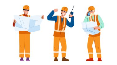 Güvenlik ustabaşı vektörü. İşçi sitesi, iş sektörü, inşaat inşaatçısı güvenlik ustabaşı çalışan karakter. İnsanlar düz çizgi film çizimi