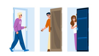 Aile kapısı açık vektör. Apartman odası, modern ev, mutlu aile kapısı açık karakter. İnsanlar düz çizgi film çizimi