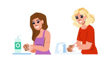 Banyo el yıkama kadın vektörü. Köpük temizliği, sıvı bakımı, hijyen bakterisi tuvalet temizleme, kadın eli yıkama. İnsanlar düz çizgi film çizimi