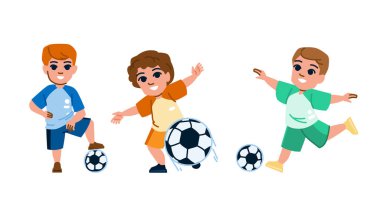 Futbolcu çocuk vektörü. Futbol sporu, takım okulu, saha antrenmanı futbolcu çocuk karakteri. İnsanlar düz çizgi film çizimi