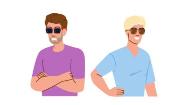 Sıradan güneş gözlüklü adam vektörü. Şık bir yaz, havalı bir seyahat, şık bir erkek güneş gözlüklü adam karakteri. İnsanlar düz çizgi film çizimi