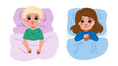 Doktor sıcaklığında çocuk vektörü. ev gribi, sağlık sigortası, hastane çocuğu, doktor çocuk karakteri. İnsanlar düz çizgi film çizimi