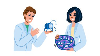 yenilik nanoteknoloji yenilik vektörü. Laboratuvar bilimi, dijital DNA, ağ kimyası yeniliği nanoteknoloji yenilikleri karakteri. İnsanlar düz çizgi film çizimi