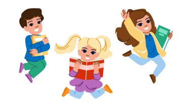 Genç heyecanlı çocuklar vektör okuyor. Kitap mutlu, eğitimli, okul çalışkan, karakter okuyan heyecanlı çocuklar. İnsanlar düz çizgi film çizimi