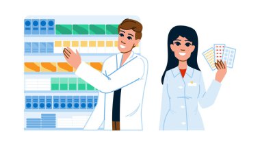 İlaç çiftçisi ilaç vektörü. Sağlık görevlisi, reçeteli ilaç, perakende tedavi, ilaç çiftçisi ilaç karakteri. İnsanlar düz çizgi film çizimi