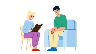 Hasta psikiyatrist ruh sağlığı vektörü. Psikoterapi desteği, psikolog bozukluğu, akıl hastası psikiyatrist ruh sağlığı karakteri. İnsanlar düz çizgi film çizimi