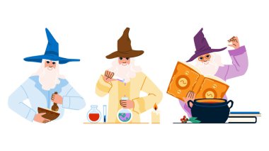 Eski simyacı vektörü. Antik bağbozumu, sanat laboratuvarı, iç iksir eski simyacı karakteri. İnsanlar düz çizgi film çizimi