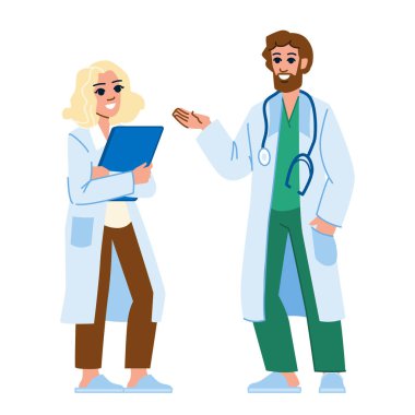 Hastane sağlık uzmanları iş başında. Tıbbi klinik, sağlık uzmanı, konuşan tıp hastanesi sağlık uzmanları iş yerinde. İnsanlar düz çizgi film çizimi