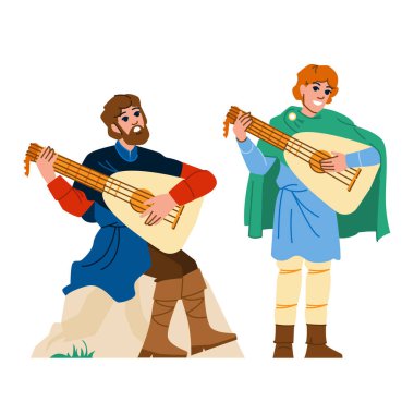 medieval trubadour playing lute vector. musician bard, minstrel instrument, performance performer medieval trubadour playing lute character. people flat cartoon illustration clipart